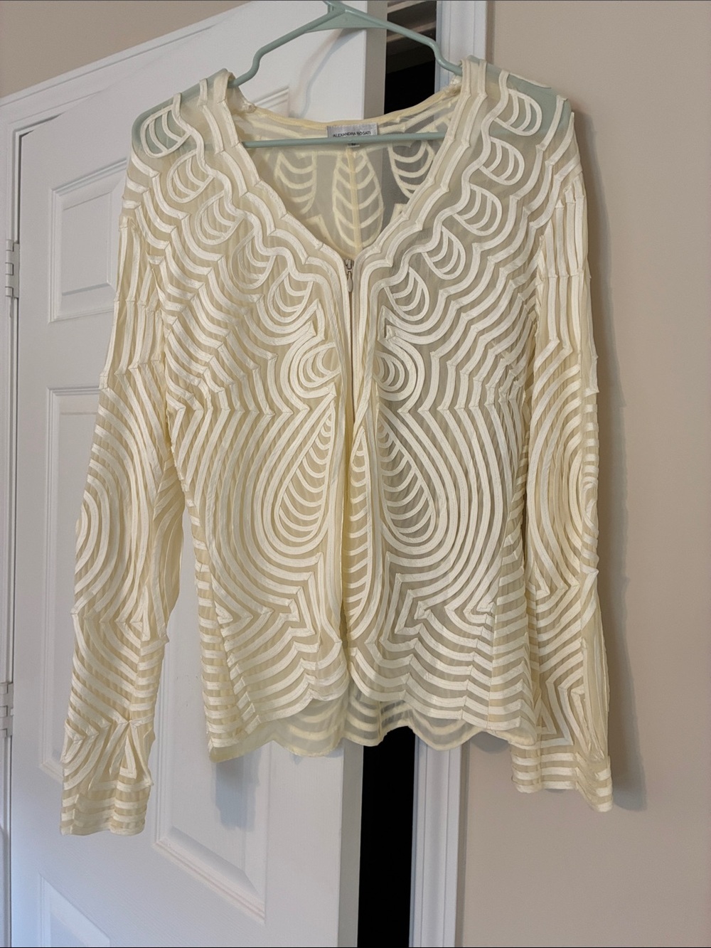 Ivory Sheer Geometric Zip-Front Blouse